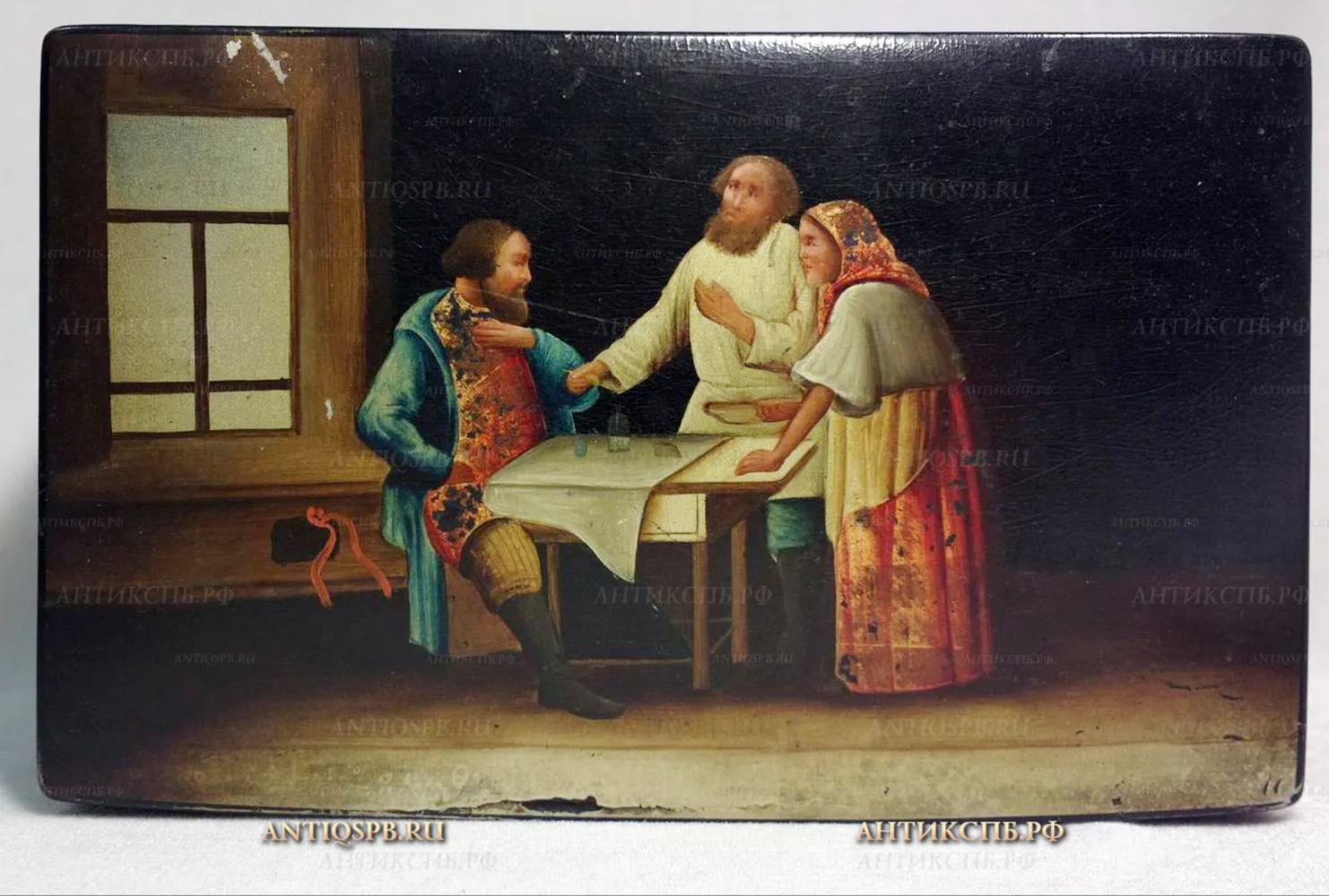 Шкатулка лаковая миниатюра "Демьянова уха", папье-маше. Россия. Кон. ХIХ века. №18440